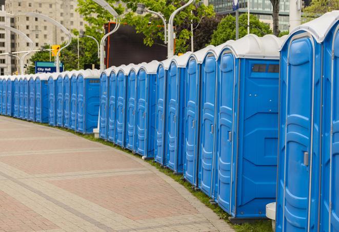 a line of portable restrooms at an outdoor wedding, catering to guests with style and comfort in Amston CT